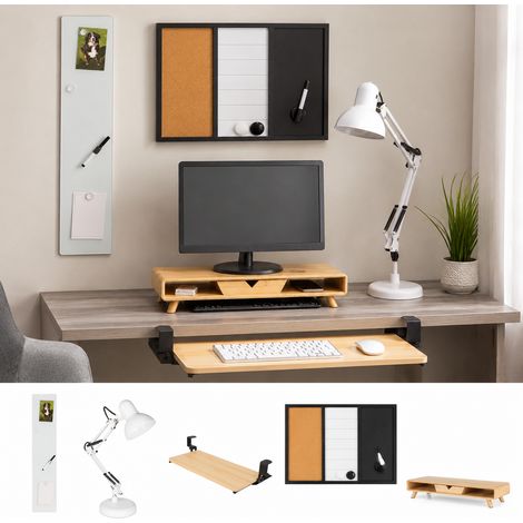 Kit de productividad para oficina en casa (5 piezas): soporte de bambú para monitor, pizarra de cristal y lámpara de escritorio. (1/5)