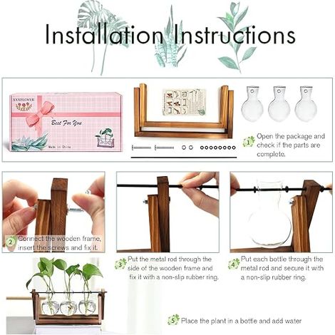 Terrarium en verre avec support en bois et vase à 3 bulbes, support pivotant en métal pour plantes aériennes hydroponiques, décoration pour la maison ou le bureau (1/5)