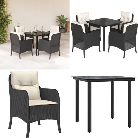 5-tlg. Garten-Essgruppe mit Kissen Schwarz Poly Rattan - Gartentisch - Gartenstuhl (1/5)