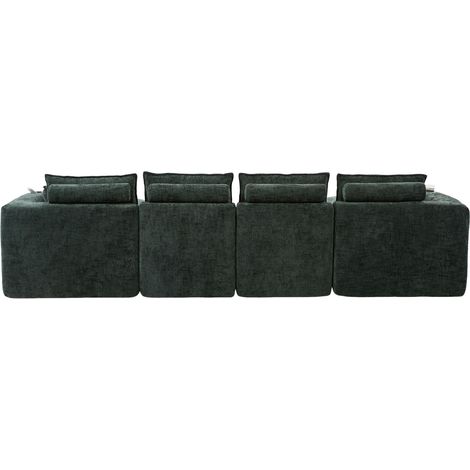 Divano modulare 4 posti in ciniglia verde scuro con 2 pouf e cuscini (1/5)
