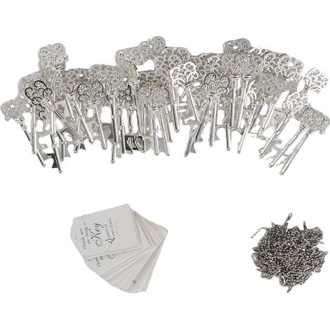 Lot de 50 ouvre-bouteilles en forme de clé squelette vintage avec porte-clés, cadeau souvenir de mariage, argent brillant (1/5)