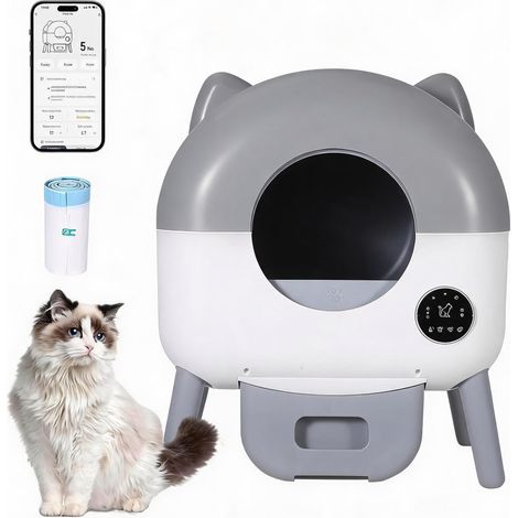 Bac à litière automatique autonettoyant pour chat 89 L - Connecté via appli Wi‑Fi 2,4 GHz - Triple capteurs de sécurité - Veilleuse LED + sacs inclus - Blanc/gris dégradé (1/5)