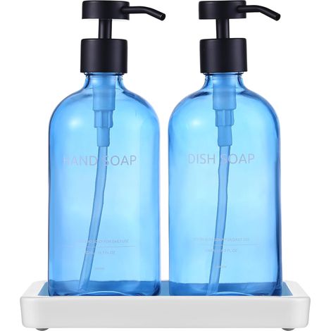 Distributeur pour Savon en Verre, Bleu Distributeur Gel Douche (1/5)