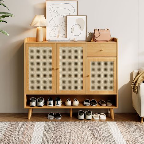Armoire à chaussures rotin naturel 120x106x35cm,3 portes + 1 tiroir + 5 étagères,poignées métal pieds bois massif