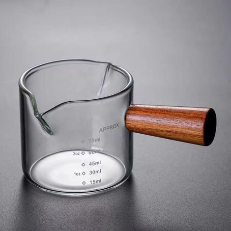 Pot à lait en verre 75 ml avec manche en bois et double bec verseur, verre doseur transparent pour expresso, lait et sirops de café (1/5)