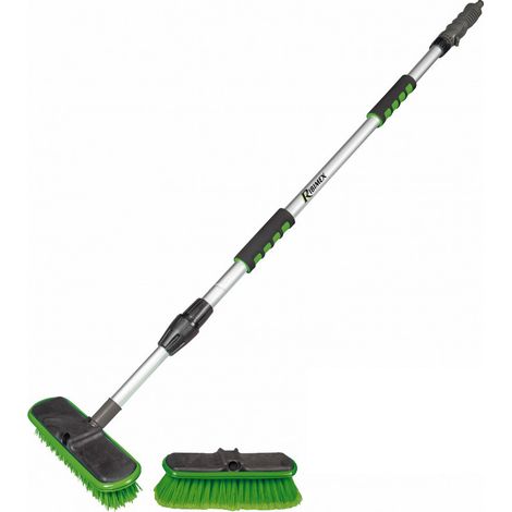 Balai brosse de nettoyage à eau avec 2 brosses, poil dur et poil souple - Manche télescopique alu - Connectable au réseau d’eau