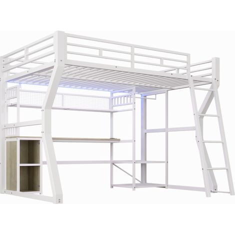 Cama alta 140 x 200 cm de metal blanco con escritorio, LED y enchufe (1/5)