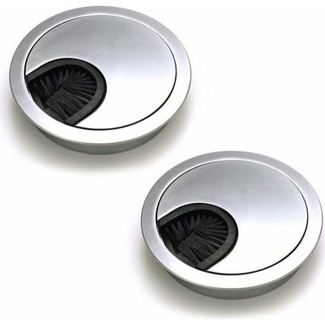 Lot de 2 Passe Cables Ronds Encastrables, Passe Cable Fil Métal Acier Brossé Design, Rangements de Cables pour Table de Bureau Diamètre 60 mm - Argent Perle Chrome