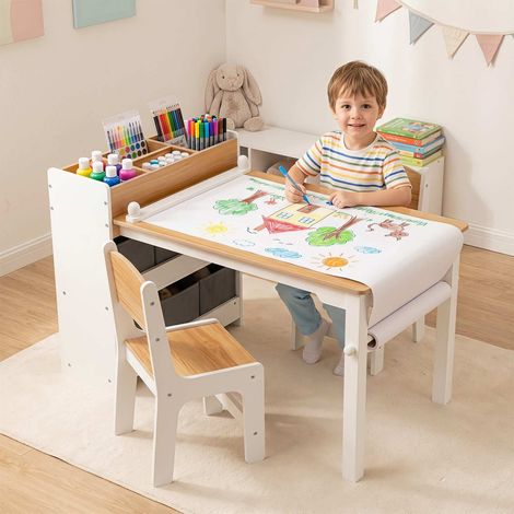 Ensemble table et chaises pour enfant 3 pièces finition naturelle avec rouleau de papier et 6 bacs amovibles pour chambre et salle (1/3)