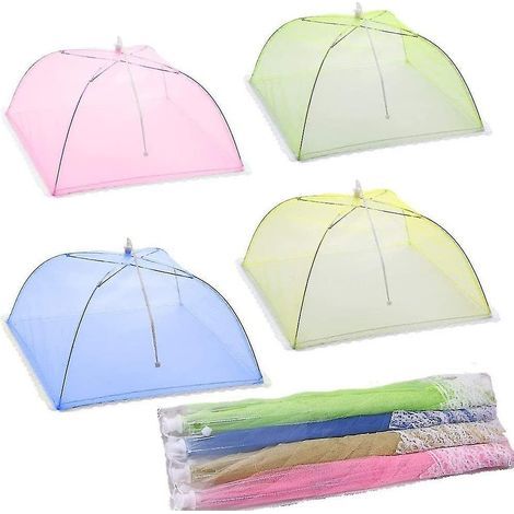 CREA 4er-Set Lebensmittelkuppeln/Insektenkuppeln/Lebensmittelzelte/faltbare Lebensmittelabdeckungen aus Netzgewebe mit Schirmen, geeignet für Grill und mehr – 4 Farben (Pink, Grün, Gelb, Blau, 43 x 43 (1/5)