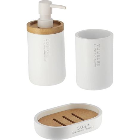 1 - Ensemble Accessoires Salle De Bain - Gobelet Distributeur Savon Porte Savon - Polyresine Bambou - Pour Lavabo Familial - Blanc