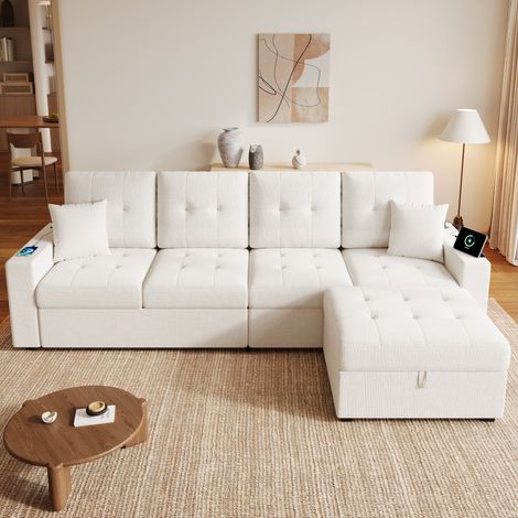 Sofá rinconero modular de 4 plazas con puf de almacenaje, LED y USB DESVIAE (1/5)