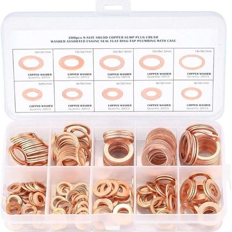 Cuivre Rondelles Metal, Joints Bague D'étanchéité, Rondelles Plates, Joint Torique avec Boîte pour L'étanchéité - 200 Pcs/M5 M6 M8 M10 M12 M14-LIAIKI (1/5)