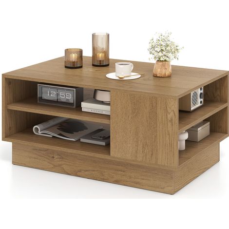 COSTWAY Modern Coffee Table 86cm Long Rectangle Center Table w/Storage Shelves Natural