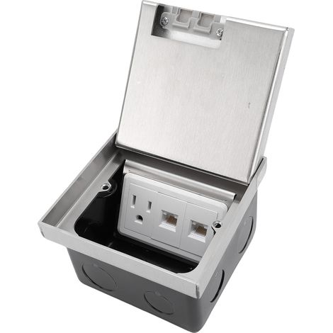 Prise de sol encastrable kit boîtier étanche couvercle plat 1 prise 3 broches et 2 ports réseau argent pour carrelage marbre moquette (1/5)