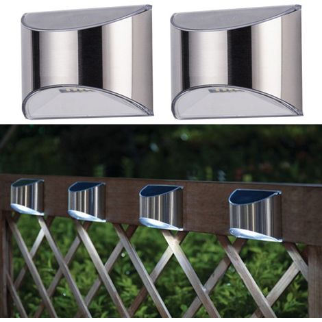 2 pièces lumière de jardin solaire en acier inoxydable alimenté clôture lumières extérieur jardin étanche applique murale, lumière chaude (1/5)