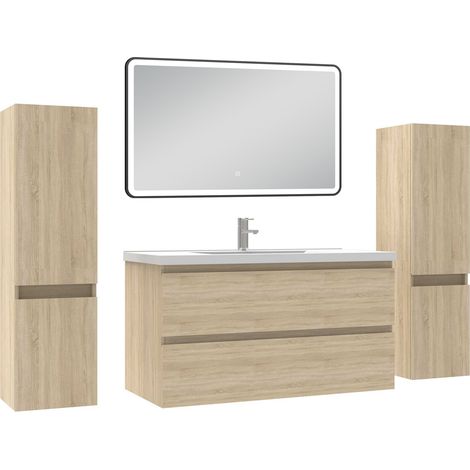 Acezanble Meubles Salle de Bain 100cm avec colonne + miroir lumineux 3 couleurs Chêne Wotan