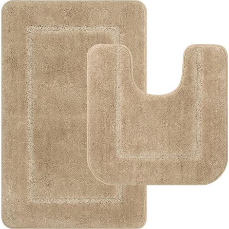 Lot de 2 Tapis de Bain Absorbants Antidérapants pour Salle de Bain, Microfibre Tapis de Toilette, Tapis de Bain Carpette Lavable en Machine, Beige, 53 x 86 cm+50 x 50 cm (1/5)