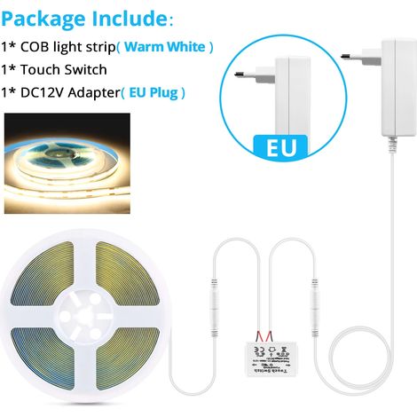 (Lumière chaude, 2M) Bande LED COB miroir DC12V avec interrupteur tactile à intensité variable, adaptée au rétroéclairage des miroirs de maquillage. (1/5)