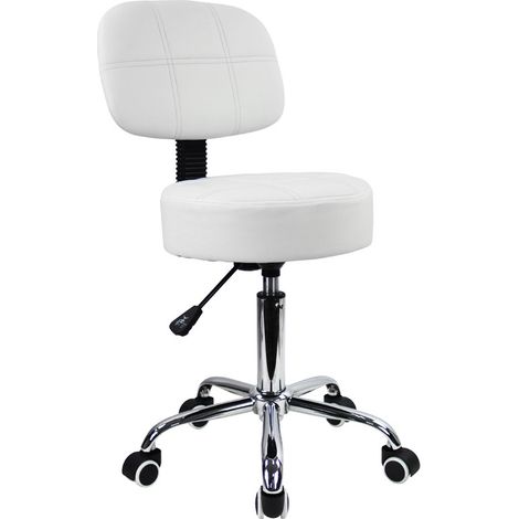 Tabouret de bureau réglable en hauteur avec dossier – Simili cuir blanc – 5 roulettes – Capacité 135kg – Confort optimal pour pro – Kktoner