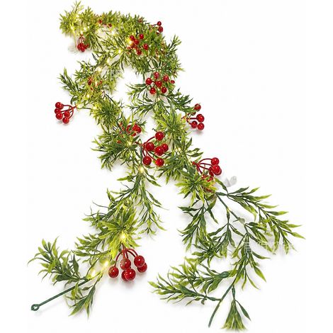 Guirlande LED de Noël avec Baies Rouges et Feuillage Artificiel, 35 Lumières, Boîtier pour 3 Piles AA, Fixe et Clignotant (1/5)
