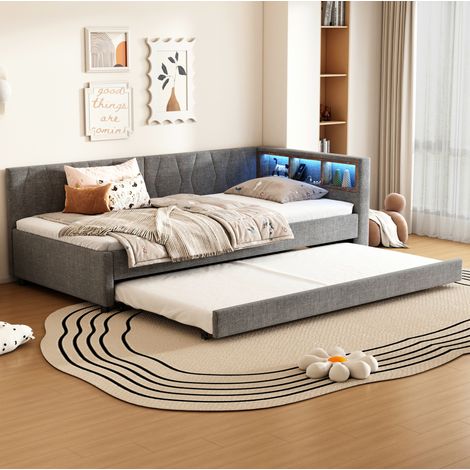 MEUBLIV Bett 90x200 cm Grau – multifunktional mit Ausziehbett, LED und Stauraum, ohne Matratze (1/5)