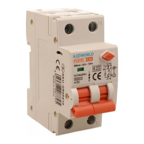 RCBO Doppia Leva, Interruttore Magnetotermico Differenziale Tipo A Curva C 1P+N 2M 6000A 300mA C10A AC 230V IP20 IEC61009-1 PL8HM