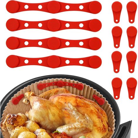 12 Stück magnetische Silikonschlaufen für Heißluftfritteusen-Backpapier, Zubehör für Heißluftfritteusen, hitzebeständig, verhindert Verbrennungen beim Vorbereiten und Kochen (rot - rund) (1/5)