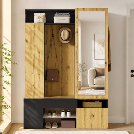 Armario recibidor con espejo de cuerpo entero, zapatero, barra y ganchos, MDF negro y madera clara, gran almacenaje vertical ordenado para entrada – CHICFURN (1/5)