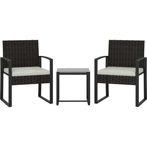 Ensemble bistro de jardin 3 pièces en polyrattan blanc crème, composé de 2 fauteuils et d'une table basse avec coussins amovibles (1/5)