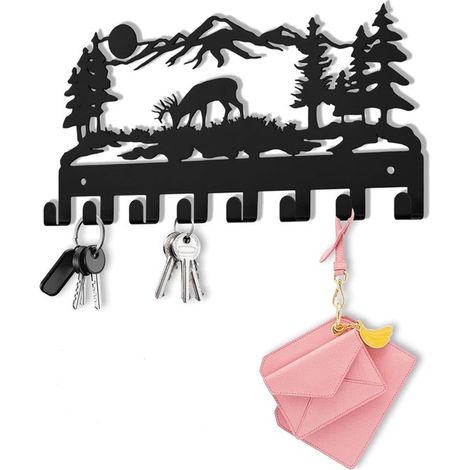 Schlüsselbrett aus Metall mit 8 Haken modernes Design dekorativer Schlüsselhalter für Flur Eingangsbereich Haustür Berg Sonnen Hirsch und 25 8 x 25,8 (1/4)