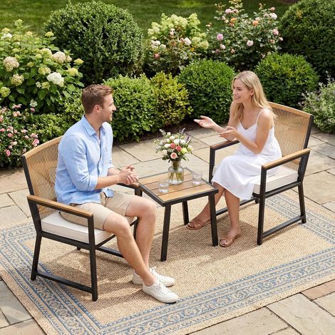 3-Piece Rattan Garden Furniture Set, 2 Garden Chairs with Table, Up to 160 kg, Weather Resistant, Beige (1/5)