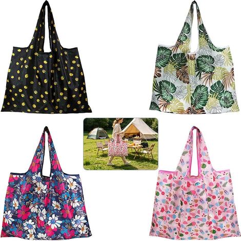 Sac de courses réutilisable, sacs fourre-tout, sacs de courses pliables, pour les courses quotidiennes, les visites au supermarché ou les excursions en camping,4 Couleurs - A4 Moyen (1/5)