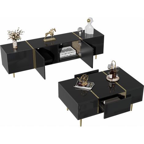 Conjunto de Muebles de Salón con Mueble de TV y Mesa de Centro, Almacenaje con Puertas y Cajones, MDF, Negro (1/5)