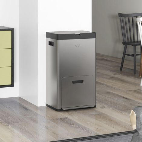 Pattumiera rettangolare a pedale, pattumiera da cucina con 3 scomparti, coperchio con chiusura ammortizzata, acciaio inox, 45,7 x 35,8 x 76 cm, argento