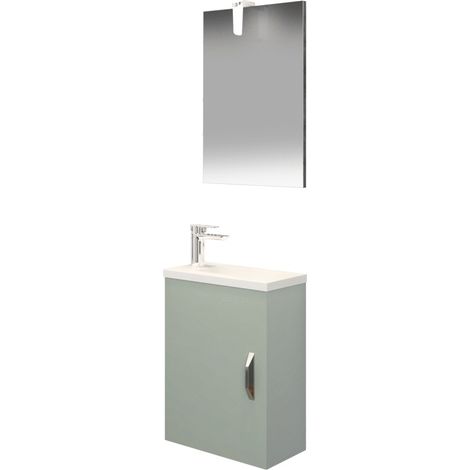 Meuble lave-mains 1 porte réversible 40x54x22cm – Plan vasque résine 40x22x2,5cm – Poignée métallique – Finition vert mat – Anconetti