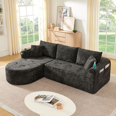Canapé d'angle l 255 cm en lin - 3 places - porte-gobelet inox - poches latérales - sans montage - noir (1/5)