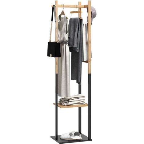 Porte-vêtements en bambou avec tringle en bois et étagères pour un rangement optimal et pratique à la maison (1/5)