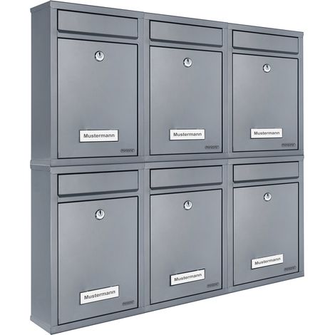 MONZANA® 6x Lockable Letter Boxes Including 2 Keys  Wall Mounted Mailbox Set  Waterproof Weatherproof Galvanised Metal  With Name Plates  Modern Design Mail Post Box System  Letterbox  Silver (1/2)