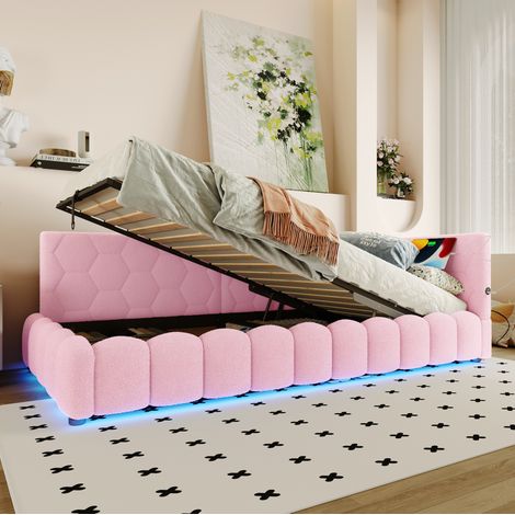 Cama daybed rosa 90x200 cm en terciopelo con LED, USB, Type-C y almacenamiento hidráulico (1/5)
