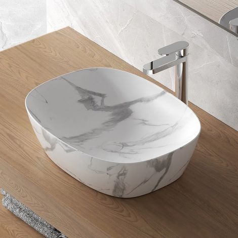 Lavabo da appoggio ovale 50x38 cm effetto marmo bianco Tokyo (1/5)