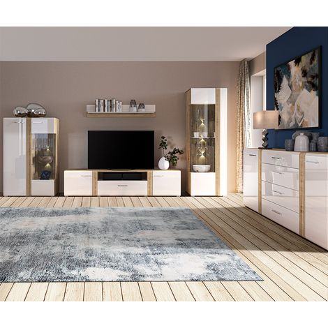 Wohnwand modern in Eiche Nb. AKRON-131 mit Fronten in weiß Hochglanz 5-teilig inkl. Sideboard (1/5)
