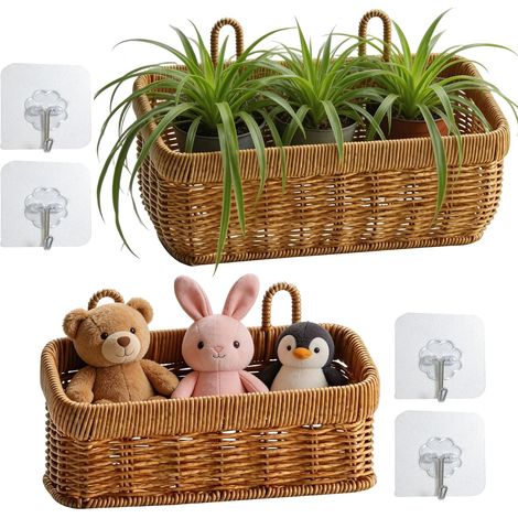Lot de 2 paniers de rangement en rotin tressé - Support mural - Panier de rangement décoratif - Pour salon, chambre à coucher et bureau (1/5)