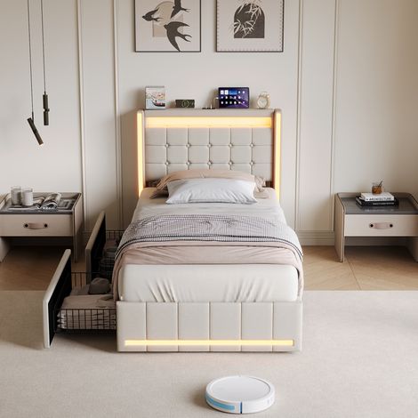 lit 90x200cm avec tiroirs, Lit simple, Lit 1 place, avec port USB et LED, Sommier à Lattes, Chambre moderne, beige, lin (1/5)