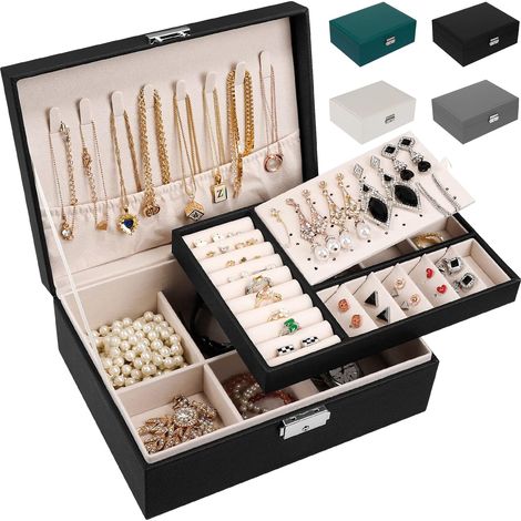 Boîte à Bijoux pour Femme en Cuir Deux Etages Coffret de Rangement Bijoux pour Ranger Bagues/Boucles d'oreilles/Colliers-Noir