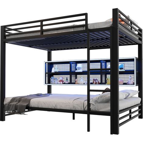 CHICFURN Lit superposé 140x200 cm en métal noir avec 6 rangements intégrés, LED réglable, barrières de sécurité, sommier à lattes, idéal pour chambre d'enfant (1/5)