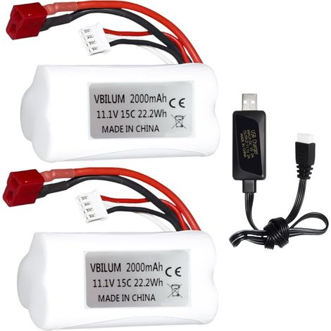 Batería de 11,1 V y 2000 mAh para coche RC 200e y 210e, batería para barco RC 2104 R608 con cable USB (paquete de 2)