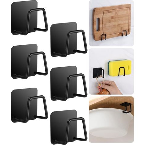Paquete de 6 soportes autoadhesivos de acero inoxidable negro para esponjas, 5x5 cm, para fregadero o encimera de cocina, con cinta adhesiva. (1/5)