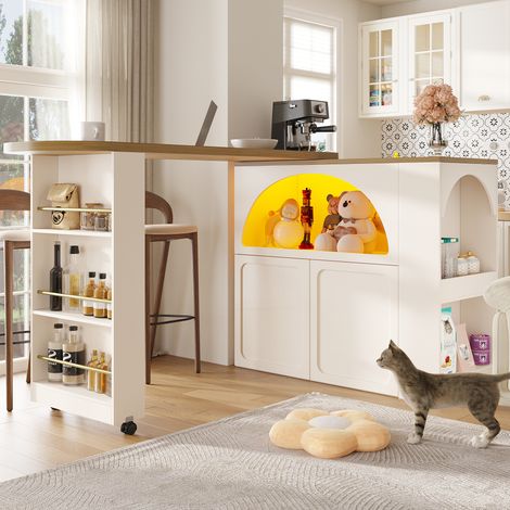 Table de bar de cuisine extensible - rotation à 360° - 203x39x100cm - 2 portes - avec étagères latérales - Blanc (1/5)