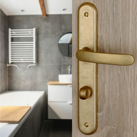 Ouvre&Déco – 2 poignées de porte VINTAGE verrou condamnation, Laiton brut laqué mat entraxe 195 mm